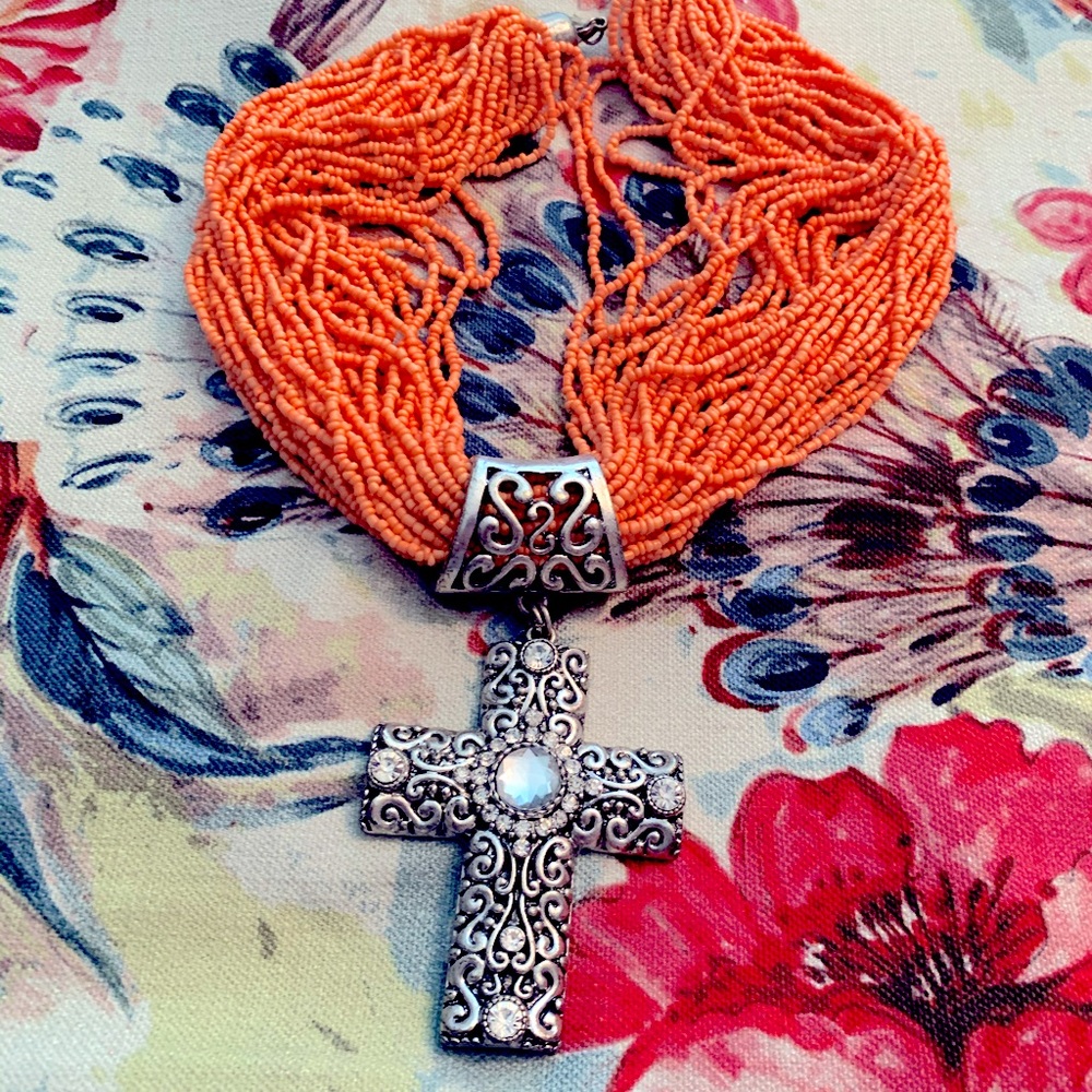 Coral Multi-strand Cross Bling Necklace Cowgirl